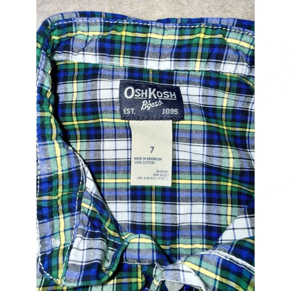 OshKosh B'gosh Button Up Shirt Boys 7 Plaid Long Sleeve Blue Green